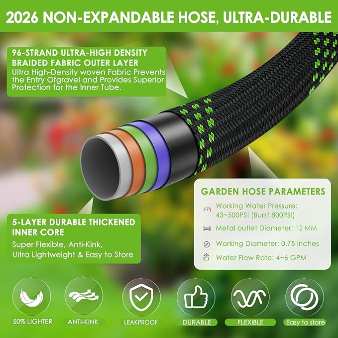 Garden Hose 25 ft, Non-Expandable Ultra-Lightweight Flexible Hose with 360° Dual-End Anti-Kink Design, 10-Pattern Spray Nozzle, 500 PSI Leak-Proof, 96-Strand Braided Fabric, Storage Strap