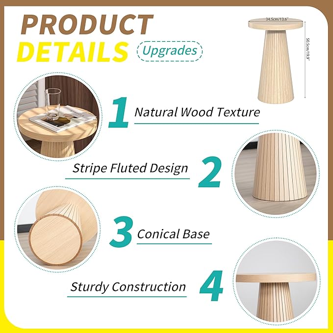 Small Round Pedestal Side Table, Wooden End Table for Living Room, Fluted Drink Table for Small Space, Modern Plant Stand Accent Table for Sofa Couch, 13.6 inch (Wood)
