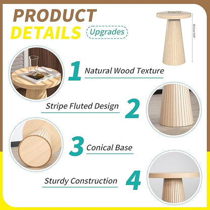 Small Round Pedestal Side Table, Wooden End Table for Living Room, Fluted Drink Table for Small Space, Modern Plant Stand Accent Table for Sofa Couch, 13.6 inch (Wood)