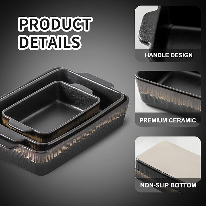 KOOV Bakeware Set, Ceramic Baking Dish, Rectangular Baking Pans Set, Casserole Dish for Cooking, Cake Dinner, Kitchen 9 x 13 Inches, 3-Piece, Stripe Series (Rough Black)