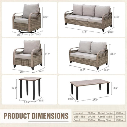 Modern Wicker Patio Furniture Set, Rattan Outdoor Conversation Set， 2 Patio Chairs, 2 Swivel Rocking Chairs, 3 Seat Couch, Loveseat, Coffee Table and Side Table, 8 Pieces, Brown/Gray