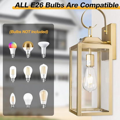 19" Large Dusk to Dawn Outdoor Wall Light, Gold Porch Light Outdoor Wall Lantern Industrial Wall Mount Light Fixture, Waterproof Modern Porch Lighting Exterior Lamp for House Garage