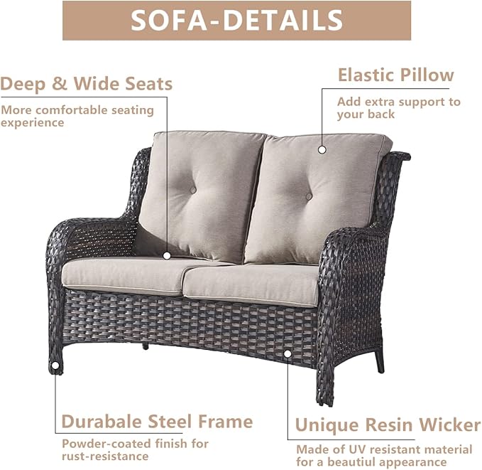 HUMMUH 4 Piece Patio Conversation Furniture Set PE Wicker Rattan Outdoor Loveseat Sofa,Patio Chairs,Coffee Table for Garden,Poolside,Backyard,Deck