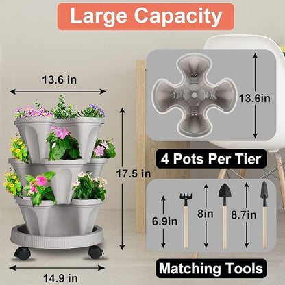 DUNCHATY Stackable Planter, Vertical Garden Planter with Wheels and Tools, Self Watering Strawberry Planter Indoor/Outdoor 3 Tier Herb Planter Pots for Growing Vegetables and Succulents,Gray