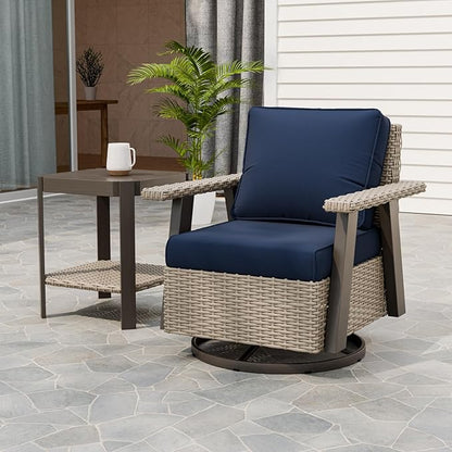 EAGLE PEAK Classic Wicker Patio Bistro Set of 2, Outdoor Patio Furniture with 360° Swivel Rocker Chair and Side Table, Lounge Set for Porch, Deck, or Balcony, Beige/Dark Blue
