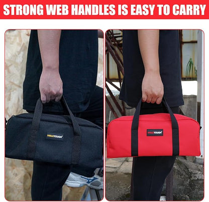 MELOTOUGH Utility Rudded Tool Bag Small Canvas Tool Bag with Zipper Combo Kit-Includes 2 Medium Tool Organizer Bags for Electrician, Plumbing, Gardening, HVAC & More (14 inch,Red&Black)