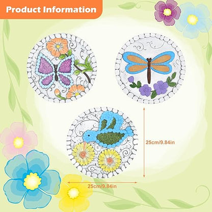 3 Pack Cement Stepping Stones Outdoor 10 Inch Round Garden Stepping Stones with Hand-Painted Flowers, Decorative Patio Pavers for Outside Walkway, Dragonfly Butterfly Garden Decor Hummingbird Gifts