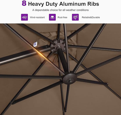 PURPLE LEAF 9X9Ft Patio Umbrella With Base Square Cantilever Umbrella Outdoor with 360° Rotation and Aluminum Offset Hanging for Pool Deck Garden Backyard, Taupe