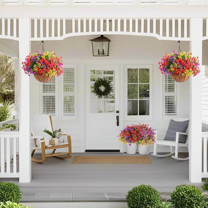 Hananona 2 Set Artificial Outdoor Flowers with Hanging Basket, 2 Hanging Planters with 24 Pcs Flowers for Spring Summer Front Porch Garden Patio Home Decor (2, Red, Purple, Yellow, Rose Red)