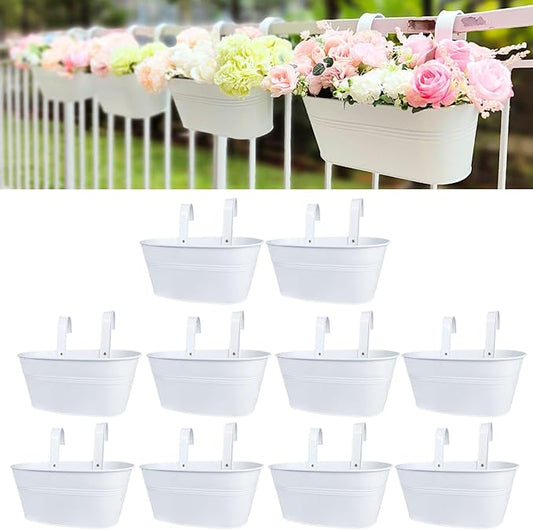 LaLaGreen Rail Planters for Outdoor (10 Pack, 11.2 Inch) White Metal Iron Strawberry Planter Hanging Flower Pots, Deck Railing Fence Bucket Wall Mount Window Box Plant Holder with Hooks Porch Decor