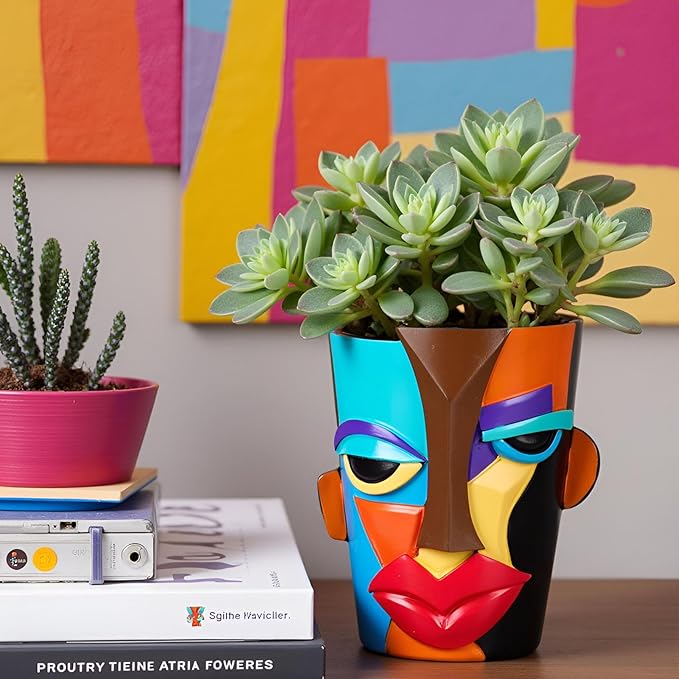 XMGZQ Abstract Cubism Face Planter,Pop Art Sculpture & Vase Decor,Unique Picasso Style Flower Pot,for 4-6 Inch Succulents & Houseplants,Drainage Hole Included,Statement Gift (Art Deco)