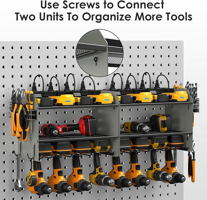 CCCEI Modular Power Tool Organizer Wall Mount Charging Station, Grey 6 Drills Holder with 8 Plug Power Strip 10FT, Garage Drill Battery Heavy Duty Metal Shelf, Utility Rack with Hooks, Side Storage.