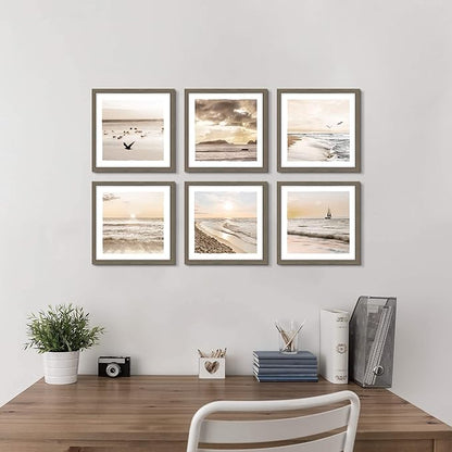 Framed Beach Scenery Wall Art：6 Pieces Small Calming Seaside Painting Nature Coastal Sunrise Prints Tropical Multi Seascape Photography Artwork Ocean Seagulls Picture for Bathroom Bedroom Office