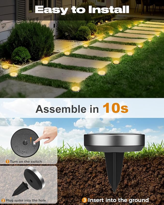 btfarm 10 Pack Solar Lights Outdoor, 8 LED Solar Ground Lights IP65 Waterproof Flat Solar Disc Light, Pathway Lights for Garden Lawn Patio Yard Path Landscape, Warm White