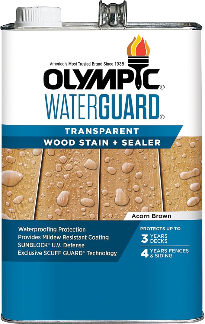 Olympic WaterGuard 1 gal Acorn Brown Transparent Wood Stain & Sealer | Water-Based Deck, Fence & Siding Stain, Waterproofing UV Protection