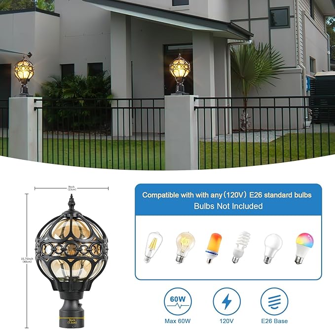 Dusk to Dawn Globe Outdoor Post Light for Lawn Patio Yard Driveway, Black Sphere Outside Lamp Post Light, Pier Mount Post Lantern Lighting Fixtures, Soccer Ball Exterior Pole Post Light(1 Pack)