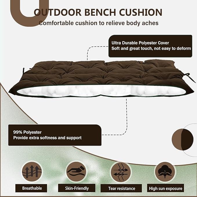 2/3 Seater Swing Replacement Cushion, Waterproof Porch Swing Cushions with Backrest, Thickened Bench Cushions for Outdoor Furniture, for Outdoor Patio Swing (Brown, 60 * 40 in)