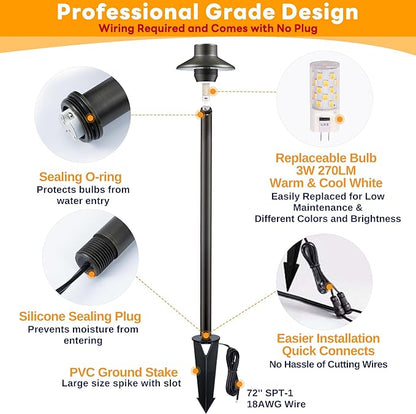 Gardenreet Solid Cast Brass Pathway Lights, 3 Color Temp Selectable Low Voltage Landscape Path Light Wired, LED Walkway Light Waterproof, 12V Wired Black for Entrance Garden with G4 Bulb (12 Pack)