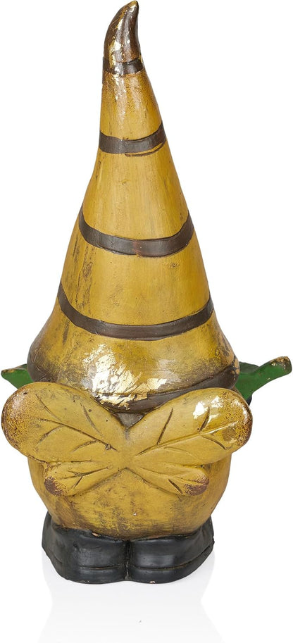 Alpine Corporation MCC854 Vintage Gnome Holding Leaf Bird Feeder with Hat, Playful Decor for Garden & Patio, 19" H, Yellow