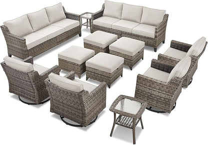 12 Piece Patio Furniture Set-High Back Outdoor Furniture Set Sectional Sofa with Wicker Swivel Patio Chairs,Comfy Cushions Ottomans for Porch Balcony Patio Deck Grey/Beige