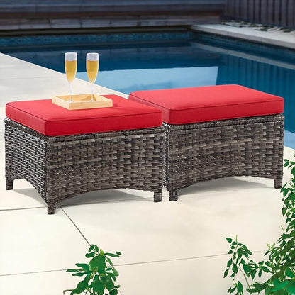 5 Piece Patio Furniture Wicker Conversation Set, 2 Swivel Chairs, 2 Ottomans with 1 Side Table, for Outdoors, Backyard, Deck, Red