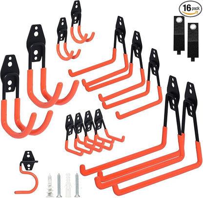 16 Pack Steel Heavy Duty Garage Hooks Storage Hooks with Anti-Slip Coating, Utility Garage Wall Mount Hanger and Organizer for Bikes, Ladder, Rope, Broom, Shovel and Garden Power Tools (16, Orange)