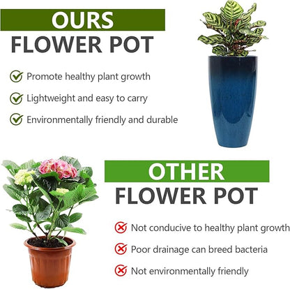 Set of 2 Large 21" Tall Planters for Indoor Outdoor, Heavy-Duty Resin with Drainage Holes & Unique Textured Design, Perfect for Porch, Patio, Backyard Home Decor, Blue