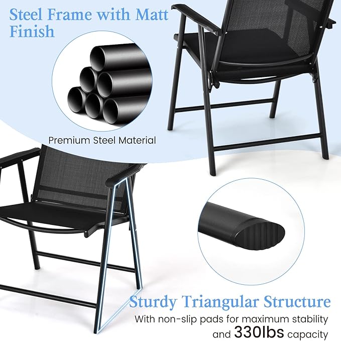 Tangkula Set of 2 Patio Folding Chairs, Outdoor Fabric Dining Chairs with High Back & Armrests, Sturdy Metal Frame for Patio Lawn Garden (Black)