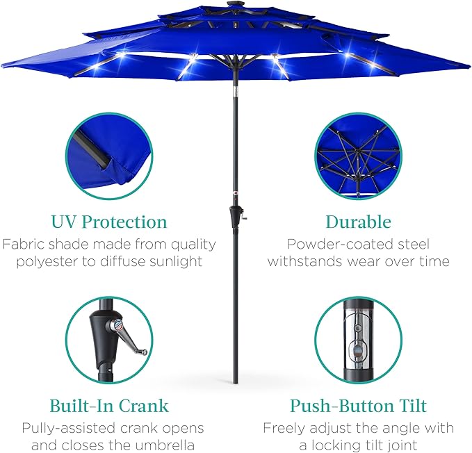 Best Choice Products 10ft 3-Tier Solar Patio Umbrella, Outdoor Market Sun Shade for Backyard, Deck, Poolside w/ 24 LED Lights, Tilt Adjustment, Easy Crank, 8 Ribs - Resort Blue