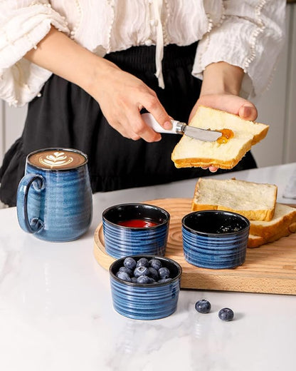 Hasense 6 oz Ramekins for Baking,Ceramic Souffle Dish Oven Safe Set of 6,Porcelain Dipping Sauce Bowls for Pudding, Creme Brulee, Souffle, Serving Dip, Custard, Ice Cream(Blue)