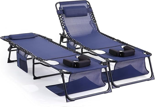 Unovivy Tanning Chairs with Face Hole Set of 2, Patio Lounge Chairs with 5-Position Reclining Back, Portable Folding Outdoor Lounge Chair for Sunbathing, Pool, Patio, Camping