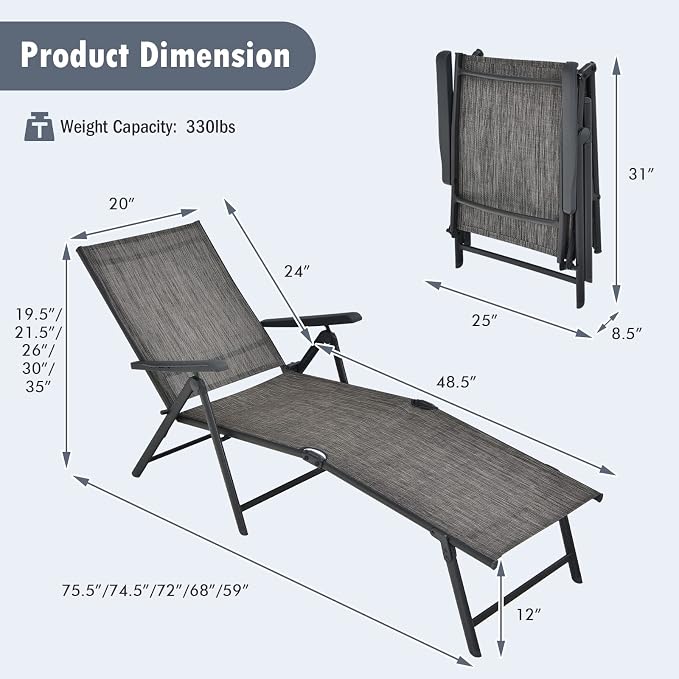 Tangkula Folding Lounge Chair Outdoor, Recliner Chaise Lounge with 5-Position Adjustable Backrest & 2-Position Footrest, No Assembly Required, Suitable for Patio Poolside Beach Yard (2, Grey)