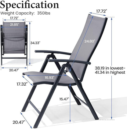 Crestlive Products Folding Patio Chairs Set of 2, 7-Level Adjustable Recliner Chairs Foldable Outdoor Lawn Chairs for Pool, Backyard,Gray