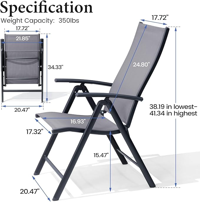Crestlive Products Folding Patio Chairs Set of 4, 7-Level Adjustable Recliner Chairs Foldable Outdoor Lawn Chairs for Pool, Backyard,Gray