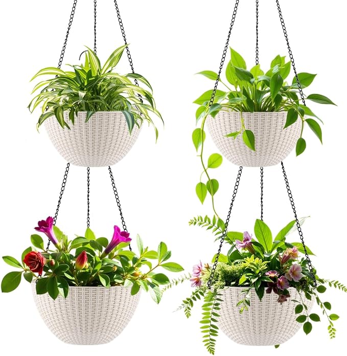 Hanging Planters for Indoor Outdoor Plants 8 and 10 Inch, 4 Packs Plant Hanger with Drainage Holes, Hanging Basket Flower Pot Perfect for Home, Office and Garden,White