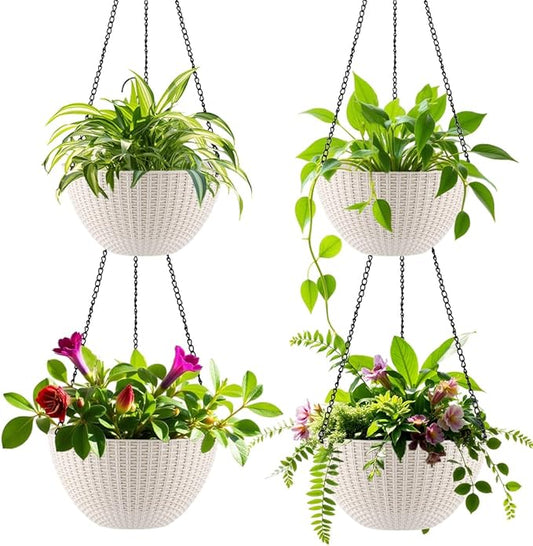 Hanging Planters for Indoor Outdoor Plants 8 and 10 Inch, 4 Packs Plant Hanger with Drainage Holes, Hanging Basket Flower Pot Perfect for Home, Office and Garden,White