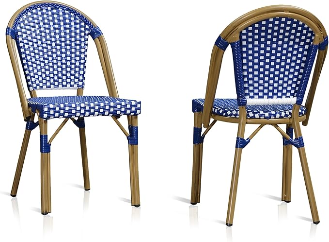 PURPLE LEAF Bistro Chair (Set of 2) French Hand-Woven Wicker Chairs for Outdoor Patio Porch Garden Indoor, Bamboo Print Finish, Dark Blue, Dining Chairs