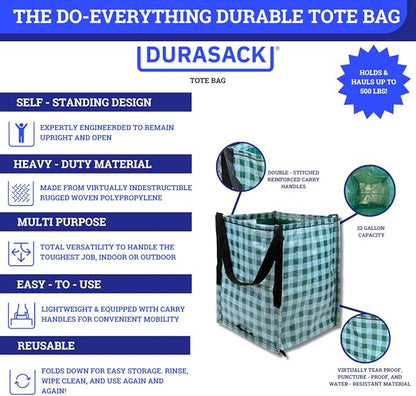 DURASACK Heavy Duty Storage Tote Bag 22-Gallon Rugged Woven Polypropylene Moving Bag, Reusable Self-Standing Design, Holds up to 500 Pounds, Single, Gingham Green
