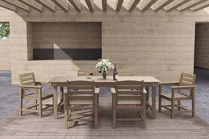 7-Piece Brown HDPE Patio Table and Chairs Set, Weather Resistant Outdoor HDPE Dining Table Sets with Umbrella Hole for Lawn, Garden, Deck, Poolside, Balcony