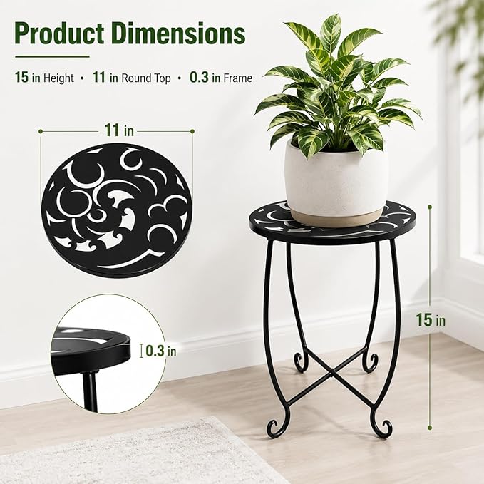 15 Inch Tall Metal Plant Stand Indoor Outdoor, Round Side Table with Swirl Pattern, Rust Resistant Iron Flower Pot Holder for Patio Garden Porch Living Room