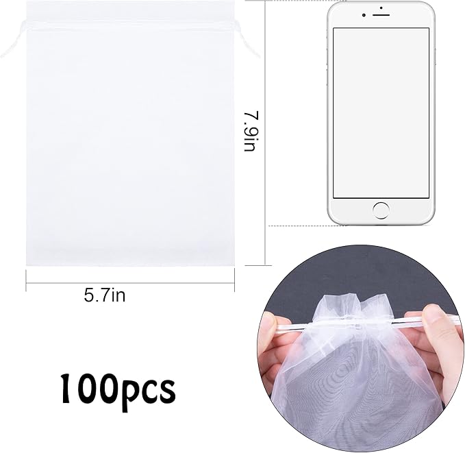 6x8 Inch 100 Pieces Organza Fruit Netting Bags - Fruit Protection Bags with Drawstring, Garden Plant Net Barrier Bag for Tomatoes, Grapes, Mangoes
