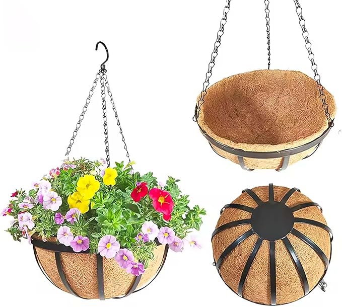 4 Pack 16 Inch Hanging Planters for Outdoor Plants Metal Hanging Planter Basket with Coco Coir Liner Round Plant Black Flat Iron Metal Flower Pots for Deck Patio Porch Garden Balcony