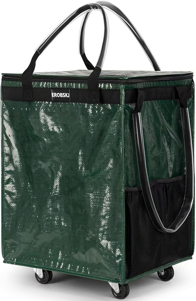 (Medium,Green) Reusable Grocery Bag on Wheels, Foldable Rolling Tote, Carries Up to 66 lbs Shopping Trolley, Zipper Clouser Shopping Carts for Trips, Laundry, 4 Heavy Duty Wheels and 3 Handles