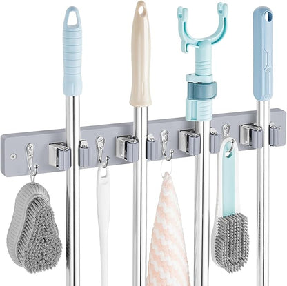 OUTNILI Gray Mop Broom Holder Wall Mount with 4 Slots & 4 Hooks - Wood Broom Mop Hanger for Pantry Closet Laundry Room Organization - Heavy Duty Garden Tool Organizer