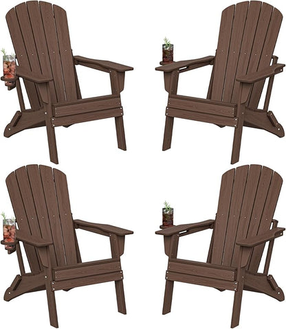 Plawdlik Folding Adirondack Chair Set of 4, Cup Holder，Wooden Textured ，Heavy All-Weather HDPE Comfortable Set Poolside Backyard Lawn Coffee