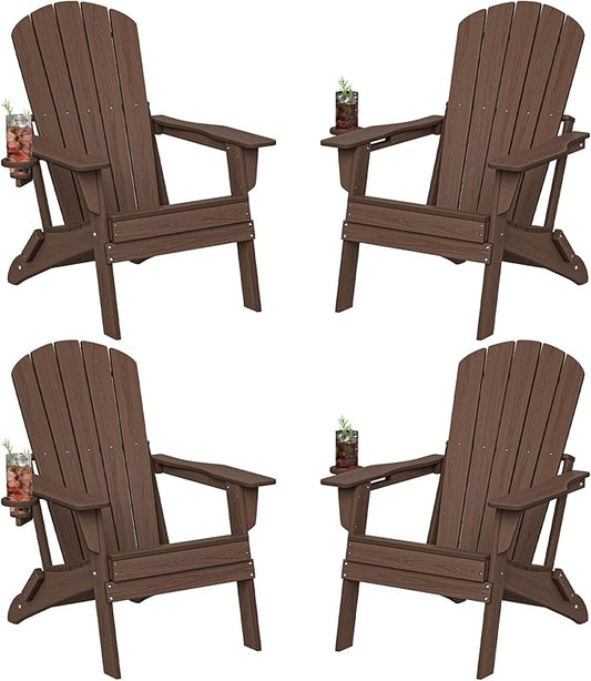 Plawdlik Folding Adirondack Chair Set of 4, Cup Holder，Wooden Textured ，Heavy All-Weather HDPE Comfortable Set Poolside Backyard Lawn Coffee