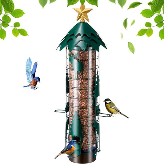 Squirrel Proof Bird Feeders for Outdoors Anti Squirrel Buster Hanging Metal Mesh Wild Bird Seed Feeder with Weight-Activated Perches, 4 Feeding Ports, 2.5LB Capacity, Green