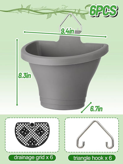 MADHOLLY 6Pcs Vertical Hanging Planters for Outdoor Plants - Wall Plant Holder for Indoor Decorations Garden Fence, Plastic Flower Pots with Drainage Grid and Hooks (Gray)