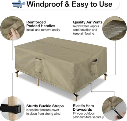 OutdoorLines Outdoor Waterproof Patio Table Furniture Set Covers - Rectangle Couch Sectional Cover Outside Weatherproof Patio Furniture Covering for Deck, Lawn and Backyard 110"L x 84"W x 28"H, Camel