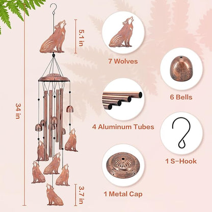 Wolf Wind Chimes Outdoor Wolf Gifts for Women/Men/Mom/Wife/Grandma Birthday Gifts Memorial Gift Metal WindChimes for Outside/Indoors, Lawn, Patio, Home, Porch, Yard Decor, Garden Decorations